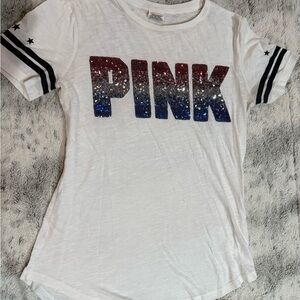 White T-Shirt with Red, Silver, and Blue Glitter PINK Logo